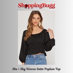 She + Sky Black 3/4 Sleeve Satin Peplum Top with Open Back Tie Detail ✨ (1376)